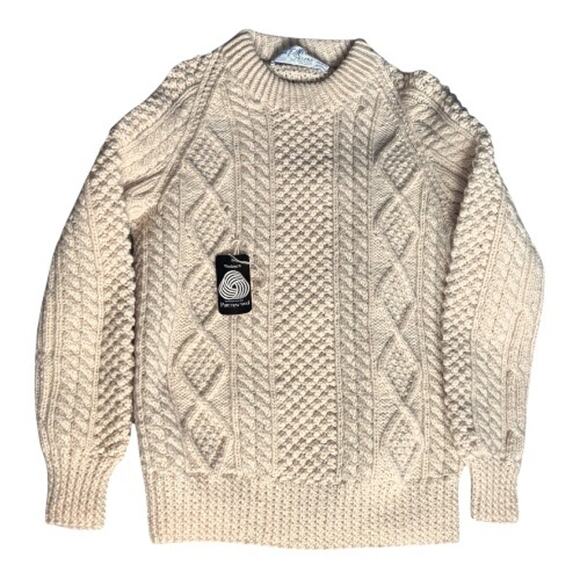 American Vintage Handknit Irish Fisherman Sweater Wool Aran Cable Cream Large - Picture 14 of 14